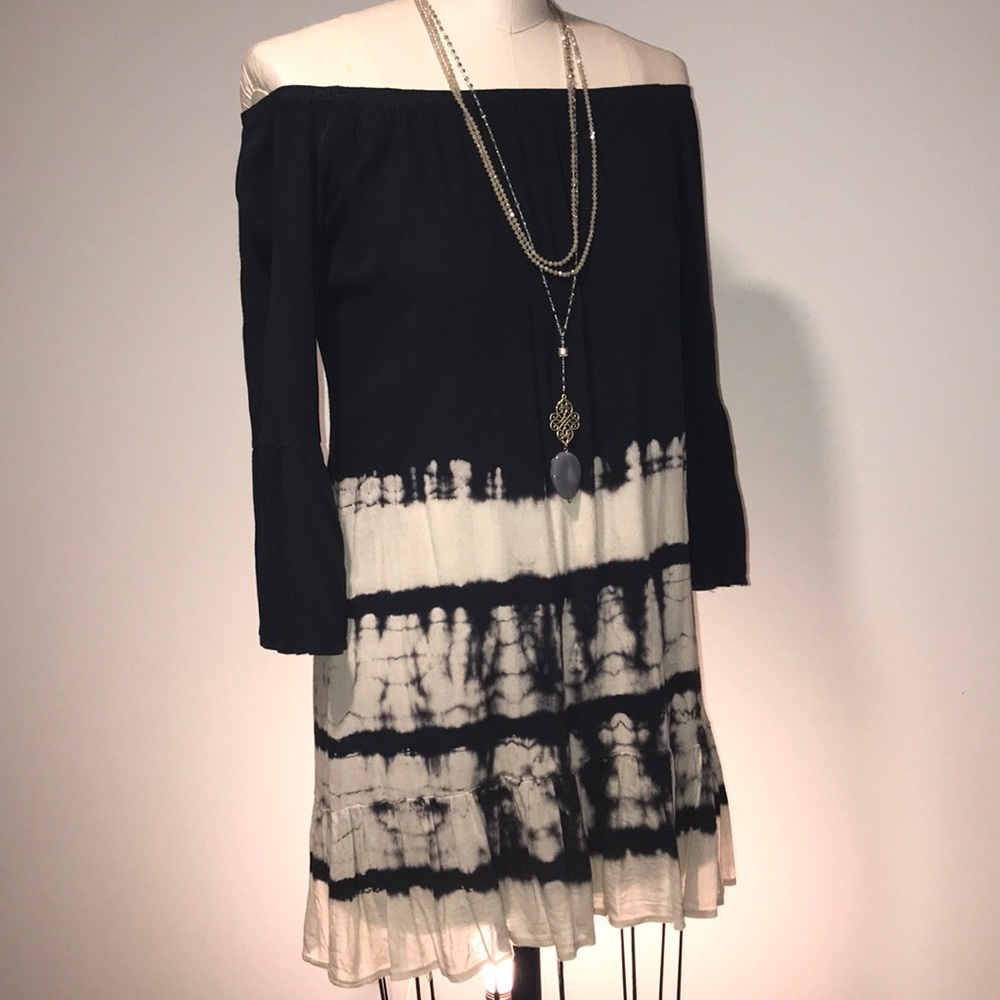 Tinley dark gray tie dye off shoulder dress▪️ sz L - Picture 2 of 8